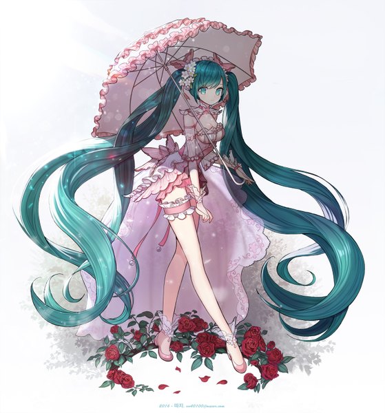 Anime picture 1300x1396 with vocaloid hatsune miku ttaji (pass35) single tall image looking at viewer fringe simple background white background twintails holding signed payot full body very long hair hair flower aqua eyes aqua hair shadow walking