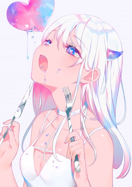 Anime picture 707x1000 with original achiki single long hair tall image blush fringe breasts open mouth blue eyes simple background hair between eyes white background bare shoulders holding payot cleavage upper body white hair nail polish