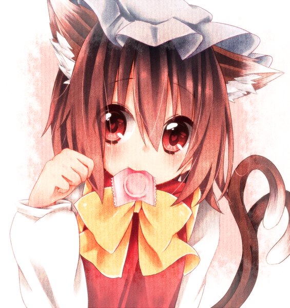 Anime picture 941x1000 with touhou chen mitoki single long hair tall image looking at viewer blush fringe short hair light erotic simple background red eyes brown hair white background animal ears tail animal tail cute condom in mouth