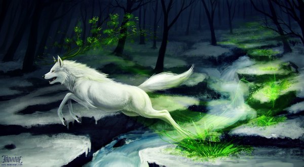 Anime picture 1200x663 with original tanathe (artist) wide image yellow eyes horn (horns) inscription snow no people running plant (plants) animal tree (trees) grass forest wolf