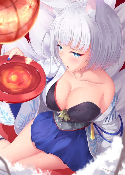 Anime picture 900x1260 with azur lane kaga (azur lane) shiro usagi single tall image looking at viewer blush fringe short hair breasts open mouth blue eyes light erotic large breasts sitting bare shoulders holding animal ears cleavage white hair