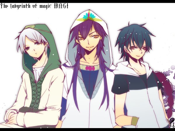 Anime picture 1000x750 with magi the labyrinth of magic a-1 pictures judal ja'far (magi) sinbad (magi) yuukichi long hair looking at viewer short hair black hair simple background smile white background silver hair purple hair orange eyes letterboxed hands in pockets freckles boy