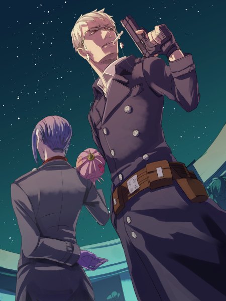 Anime picture 900x1200 with ao no exorcist a-1 pictures mephisto pheles fujimoto shirou ton-ton (artist) tall image short hair blonde hair standing holding brown eyes looking away sky purple hair from behind night multiple boys orange eyes night sky back