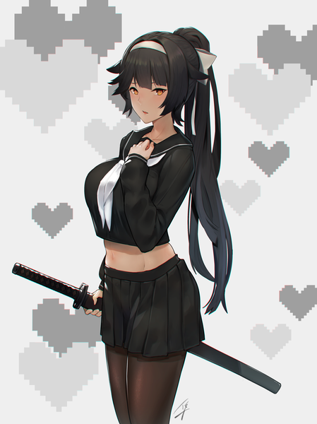 Anime picture 2780x3713 with azur lane takao (azur lane) takao (academy romantica) (azur lane) hayabusa single long hair tall image looking at viewer blush fringe highres black hair standing holding brown eyes signed ponytail blunt bangs long sleeves parted lips