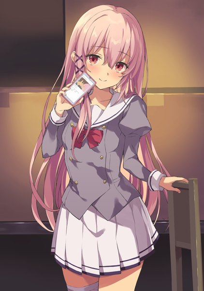 Anime picture 1478x2100 with engage kiss a-1 pictures kisara (engage kiss) ogata shuu rasahan (artist) long hair tall image looking at viewer blush fringe smile hair between eyes standing holding pink hair indoors long sleeves nail polish pleated skirt pink eyes