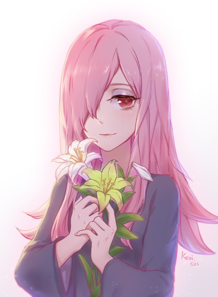 Anime picture 1218x1651 with little witch academia studio trigger sucy manbavaran kezi single long hair tall image fringe simple background red eyes white background signed pink hair upper body light smile hair over one eye portrait eyeshadow girl flower (flowers)