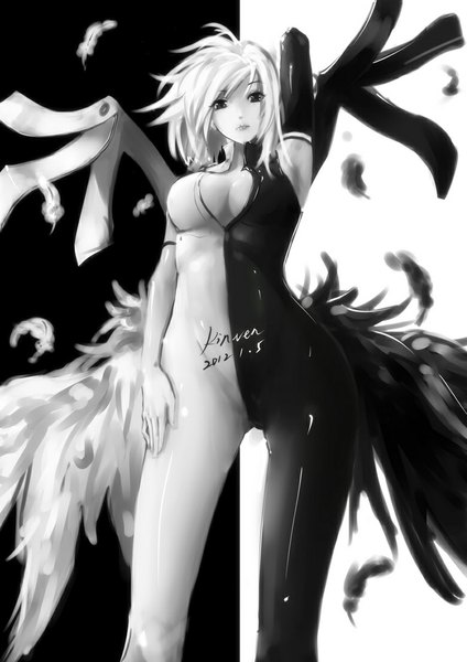 Anime picture 780x1103 with kinven single tall image looking at viewer short hair breasts light erotic standing white background white hair armpit (armpits) black background monochrome arm behind head black wings white wings mechanical wings girl gloves wings
