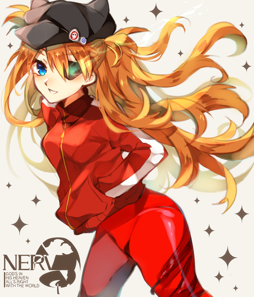 Anime picture 1157x1350 with neon genesis evangelion rebuild of evangelion evangelion: 3.0 you can (not) redo gainax soryu asuka langley sweetroad single long hair tall image looking at viewer blue eyes blonde hair grey background shadow hands in pockets nerv girl jacket eyepatch cap