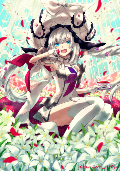 Anime picture 849x1200 with fate (series) fate/grand order marie antoinette (fate/grand order) kawasemi sumika single long hair tall image looking at viewer open mouth blue eyes twintails signed payot silver hair twitter username girl gloves flower (flowers) hat petals