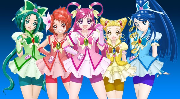 Anime picture 3000x1650 with precure futari wa pretty cure yes! precure 5 yumehara nozomi cure dream cure mint cure aqua cure lemonade cure rouge highres wide image hair ornament butterfly hair ornament delica