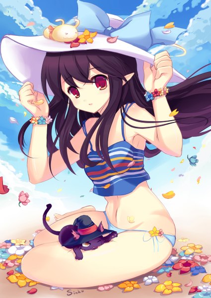 Anime picture 1772x2500 with yadamon (neverland) long hair tall image highres light erotic black hair red eyes sitting pointy ears girl underwear panties flower (flowers) hat petals cat