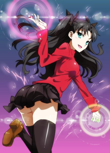Anime picture 868x1200 with fate (series) fate/stay night toosaka rin ginmaru single long hair tall image looking at viewer open mouth light erotic black hair twintails bent knee (knees) ass looking back aqua eyes spread arms girl thighhighs skirt