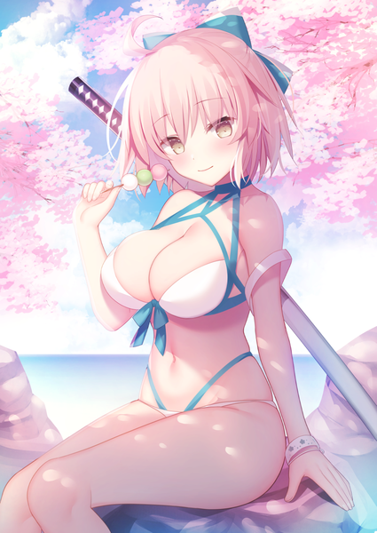 Anime picture 862x1218 with fate (series) fate/grand order okita souji (fate) (all) okita souji (swimsuit assassin) (fate) miko (royal milk) single tall image looking at viewer blush fringe short hair breasts light erotic blonde hair smile hair between eyes large breasts sitting bare shoulders holding