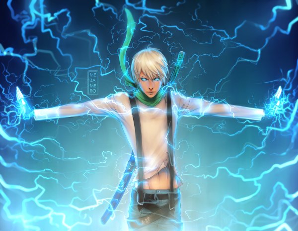 イラスト 1200x928 と オリジナル mezamero ソロ 短い髪 white hair realistic glowing spread arms glowing eye (eyes) electricity 男性 手袋 へそ 武器 剣 襟巻き 指なし手袋 日本刀 パンツ サスペンダー