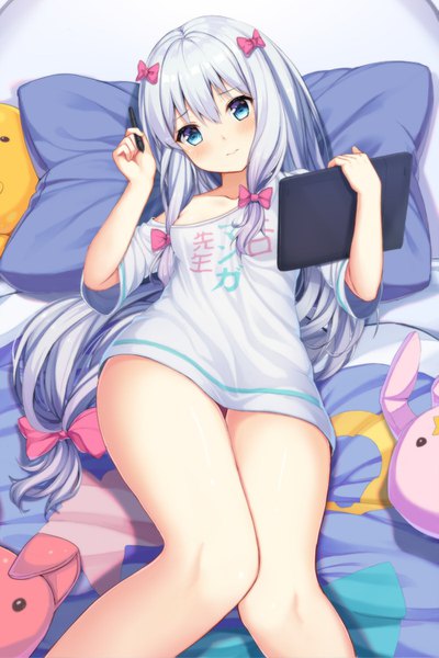 Anime picture 999x1500 with eromanga sensei a-1 pictures izumi sagiri qunqing single long hair tall image looking at viewer blush fringe breasts blue eyes light erotic hair between eyes holding payot silver hair bent knee (knees) indoors lying