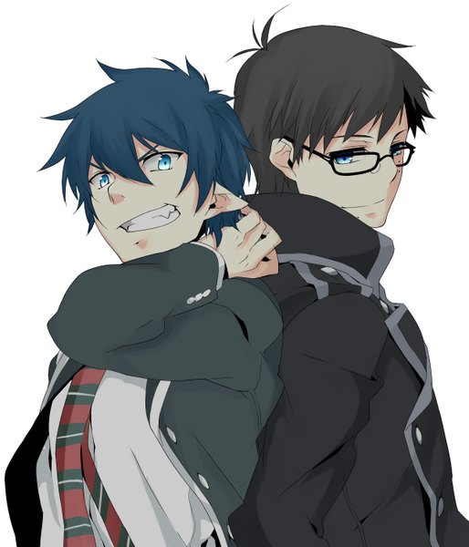 Anime picture 1200x1400 with ao no exorcist a-1 pictures okumura rin okumura yukio tall image short hair blue eyes black hair simple background smile white background pointy ears mole multiple boys teeth fang (fangs) mole under eye mole under mouth back to back boy