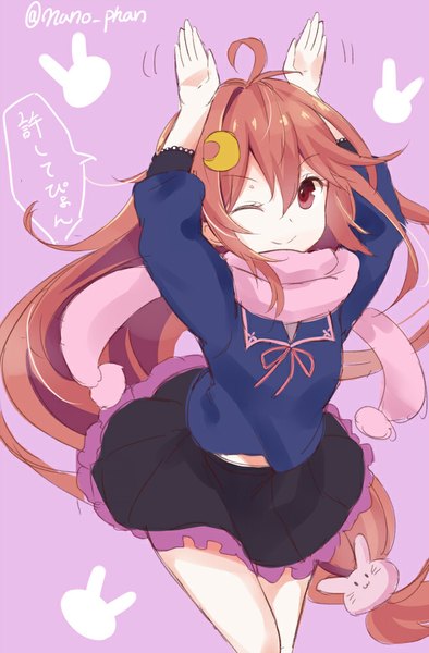 Anime picture 657x1000 with kantai collection uzuki destroyer takehana note single tall image looking at viewer smile red eyes brown hair signed ahoge very long hair one eye closed wink arms up text purple background bunny pose girl hair ornament