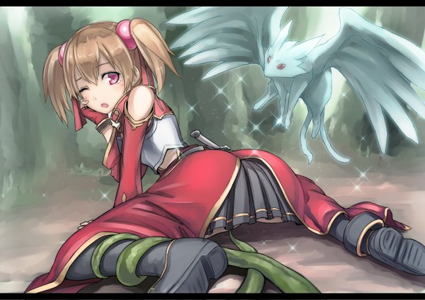 Anime picture 1300x919 with sword art online a-1 pictures silica tea (nakenashi) short hair open mouth light erotic red eyes brown hair twintails one eye closed wink short twintails girl skirt boots dragon