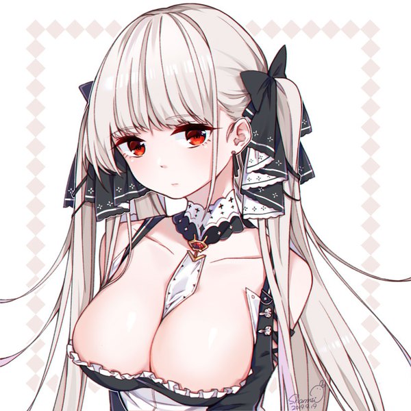 Anime picture 827x827 with azur lane formidable (azur lane) sharmi single long hair fringe breasts light erotic hair between eyes red eyes large breasts white background twintails signed cleavage silver hair upper body dated girl bow