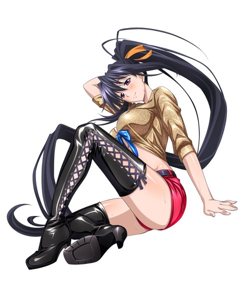 Anime picture 3200x3900 with highschool dxd himejima akeno miyama zero single tall image looking at viewer blush fringe highres breasts light erotic black hair simple background hair between eyes large breasts white background sitting payot absurdres full body