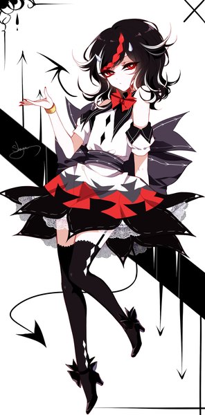 Anime picture 1800x3650 with touhou kijin seija sheya single long hair tall image looking at viewer highres black hair simple background red eyes standing white background full body tail nail polish multicolored hair high heels streaked hair standing on one leg