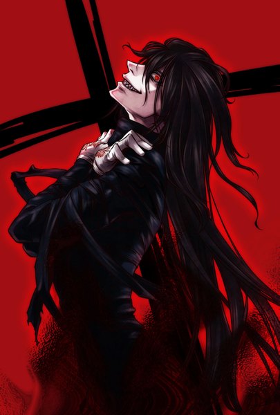 Anime picture 1013x1500 with hellsing alucard (hellsing) single long hair tall image black hair red eyes teeth crossed arms red background sharp teeth crazy smile boy gloves