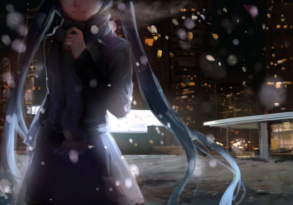 Anime picture 2000x1400 with vocaloid hatsune miku sishenfan single long hair highres twintails light smile aqua hair night city snowing winter snow exhalation head out of frame city lights girl jacket