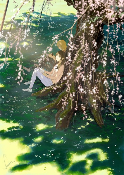 Anime picture 1447x2047 with original loundraw long hair tall image looking at viewer blonde hair brown hair sitting multiple girls holding brown eyes full body ahoge outdoors from above blurry open clothes shadow cherry blossoms girl