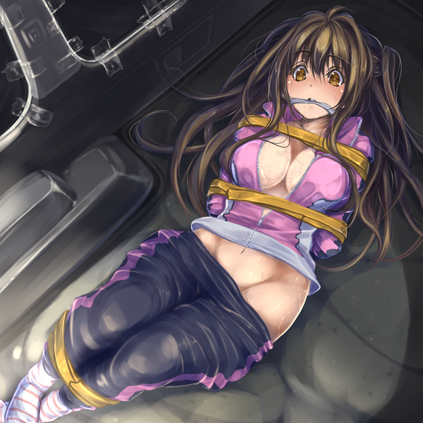 Anime picture 1024x1024 with idolmaster idolmaster cinderella girls shimamura uzuki monikano single long hair blush fringe breasts light erotic brown hair large breasts brown eyes bent knee (knees) lying open clothes open jacket bare belly no shoes one side up