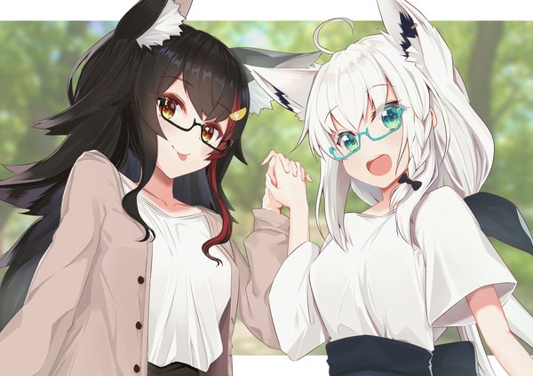 Anime picture 4096x2892 with virtual youtuber hololive shirakami fubuki ookami mio borumete long hair looking at viewer blush fringe highres breasts open mouth black hair smile multiple girls green eyes animal ears yellow eyes payot absurdres