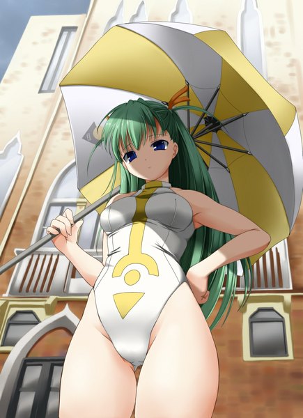 Anime picture 800x1102 with aria alice carroll funiki kumi single long hair tall image looking at viewer blue eyes light erotic green hair two side up girl swimsuit umbrella one-piece swimsuit