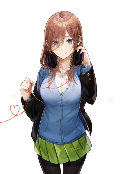 Anime picture 1500x2070 with go-toubun no hanayome nakano miku kim eb single long hair tall image looking at viewer blush fringe breasts blue eyes simple background smile brown hair standing white background pleated skirt hair over one eye off shoulder open clothes