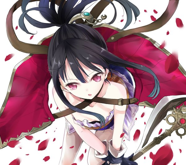 Anime picture 900x800 with atelier (series) gust (company) mimi houllier von schwarzlang maromi (am97) single long hair fringe black hair red eyes bare shoulders holding ponytail from above close-up girl gloves petals black gloves