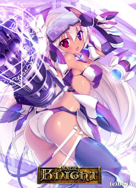 Anime picture 1000x1384 with magic knight armageddon kaho okashii single long hair tall image blush light erotic silver hair light smile heterochromia girl gloves weapon glasses elbow gloves gun