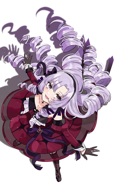 Anime picture 1523x2464 with virtual youtuber nijisanji hyakumantenbara salome hyakumantenbara salome (1st costume) mipuatto single long hair tall image looking at viewer fringe open mouth simple background standing white background purple eyes purple hair :d from above shadow drill hair