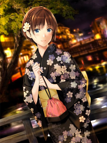 Anime picture 924x1232 with original n69 single tall image looking at viewer blush short hair blue eyes brown hair traditional clothes japanese clothes night girl hair ornament plant (plants) tree (trees) obi yukata kinchaku