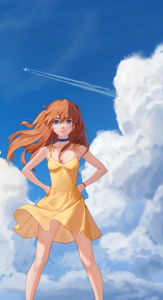 Anime picture 2400x4400 with neon genesis evangelion gainax soryu asuka langley drid single long hair tall image looking at viewer fringe highres breasts blue eyes hair between eyes standing bare shoulders signed sky cloud (clouds) outdoors wind