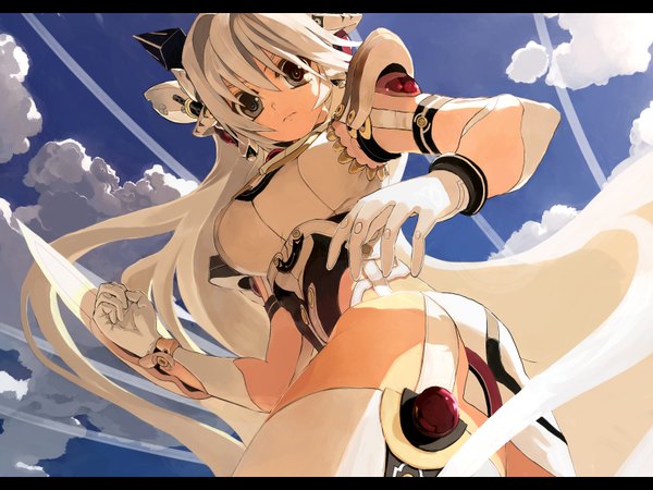 Anime picture 1600x1200 with single long hair looking at viewer light erotic cloud (clouds) white hair looking down gloves armor