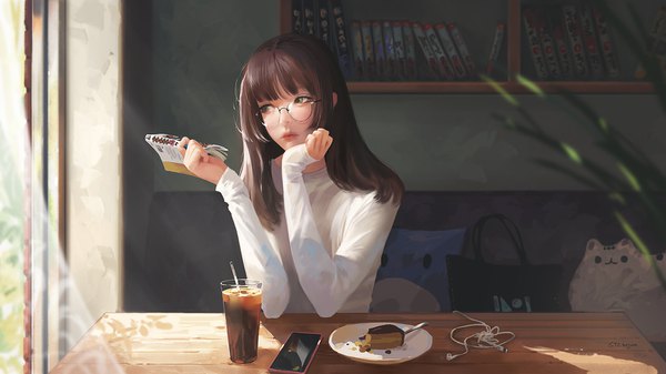 Anime picture 1600x900 with original g-tz single long hair fringe brown hair wide image sitting holding green eyes signed looking away indoors blunt bangs long sleeves lips sunlight realistic sleeves past wrists chin rest