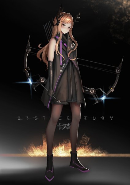 Anime picture 1060x1500 with granblue fantasy song (granblue fantasy) yurichtofen single long hair tall image looking at viewer blush fringe simple background brown hair standing bare shoulders holding brown eyes full body head tilt light smile sleeveless black background