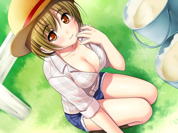 Anime picture 1600x1200 with tonari no puu-san short hair breasts light erotic brown hair game cg orange eyes girl hat shorts