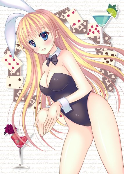 Anime picture 855x1200 with original yuzukaze rio single long hair tall image looking at viewer blush open mouth blue eyes light erotic blonde hair bare shoulders animal ears bunny ears girl flower (flowers) bunnysuit card (cards)