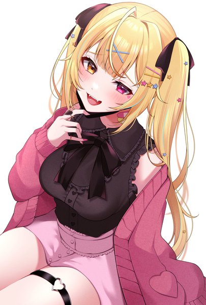 Anime picture 1381x2048 with virtual youtuber nijisanji hoshikawa sara namagome negi single long hair tall image blush open mouth simple background blonde hair white background sitting twintails ahoge :d from above heterochromia mask pull girl
