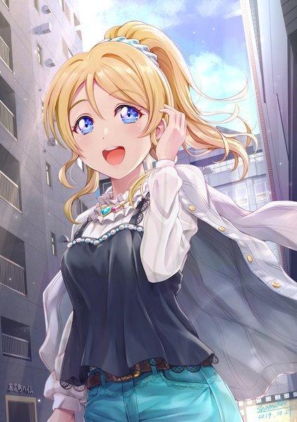 Anime-Bild 1275x1812 mit love live! school idol project sunrise (studio) love live! ayase eli shamakho single tall image blush fringe short hair breasts open mouth blue eyes blonde hair smile hair between eyes standing signed sky cloud (clouds)