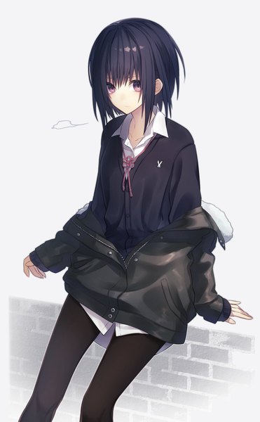 Anime picture 1268x2047 with original haizome senri single tall image looking at viewer fringe short hair black hair hair between eyes white background sitting purple eyes off shoulder arm support open collar expressionless unzipped girl pantyhose jacket
