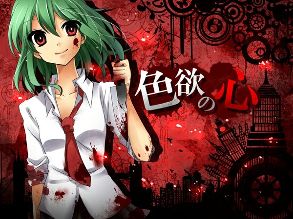 Anime picture 1024x768 with vocaloid gumi yukinosetsu (artist) single short hair red eyes green hair light smile girl weapon shirt necktie blood knife