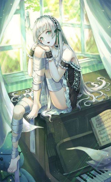 Anime picture 1200x1946 with original kimsw0522 single tall image looking at viewer blush fringe breasts light erotic sitting bare shoulders green eyes payot cleavage full body bent knee (knees) white hair indoors blunt bangs very long hair