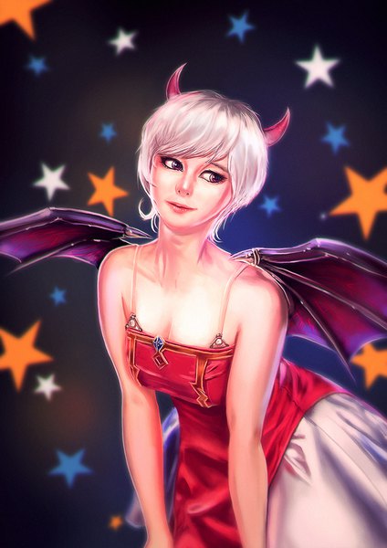 Anime picture 1414x2000 with heaven (game) real life tmiracle single tall image short hair breasts blue eyes bare shoulders looking away white hair horn (horns) blurry realistic cosplay demon wings girl dress wings star (symbol)