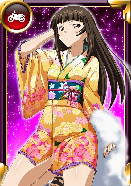 Anime picture 567x800 with ikkitousen teni single long hair tall image looking at viewer brown hair brown eyes traditional clothes japanese clothes card (medium) girl kimono obi
