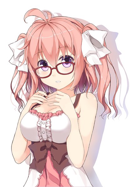 Anime picture 800x1131 with original terras single long hair tall image looking at viewer blush simple background white background pink hair purple hair shadow girl dress ribbon (ribbons) hair ribbon glasses sundress